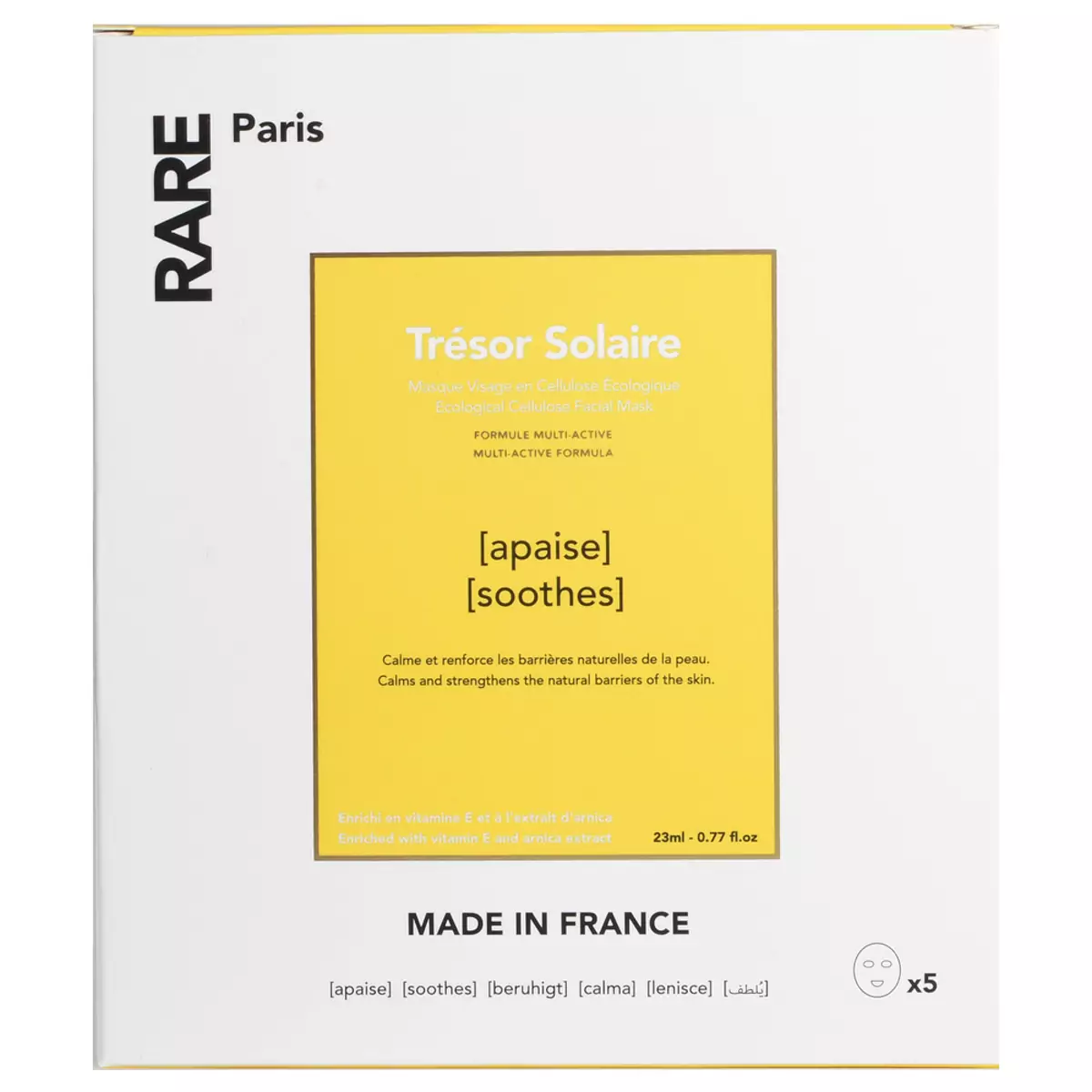 Набор из пяти успокаивающих масок с витамином Е и экстрактом арники RARE Paris Tresor Solaire Soothing Face Mask